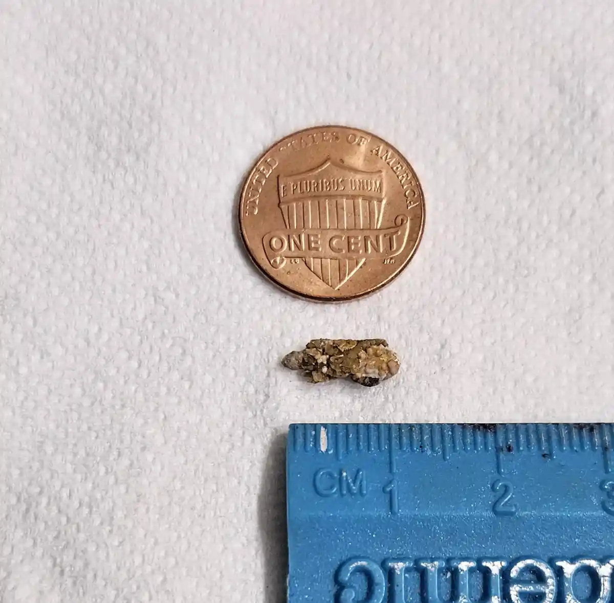 a small, irregularly shaped gold nugget sits on a white textured surface, positioned below a U.S. one-cent coin and above a…
