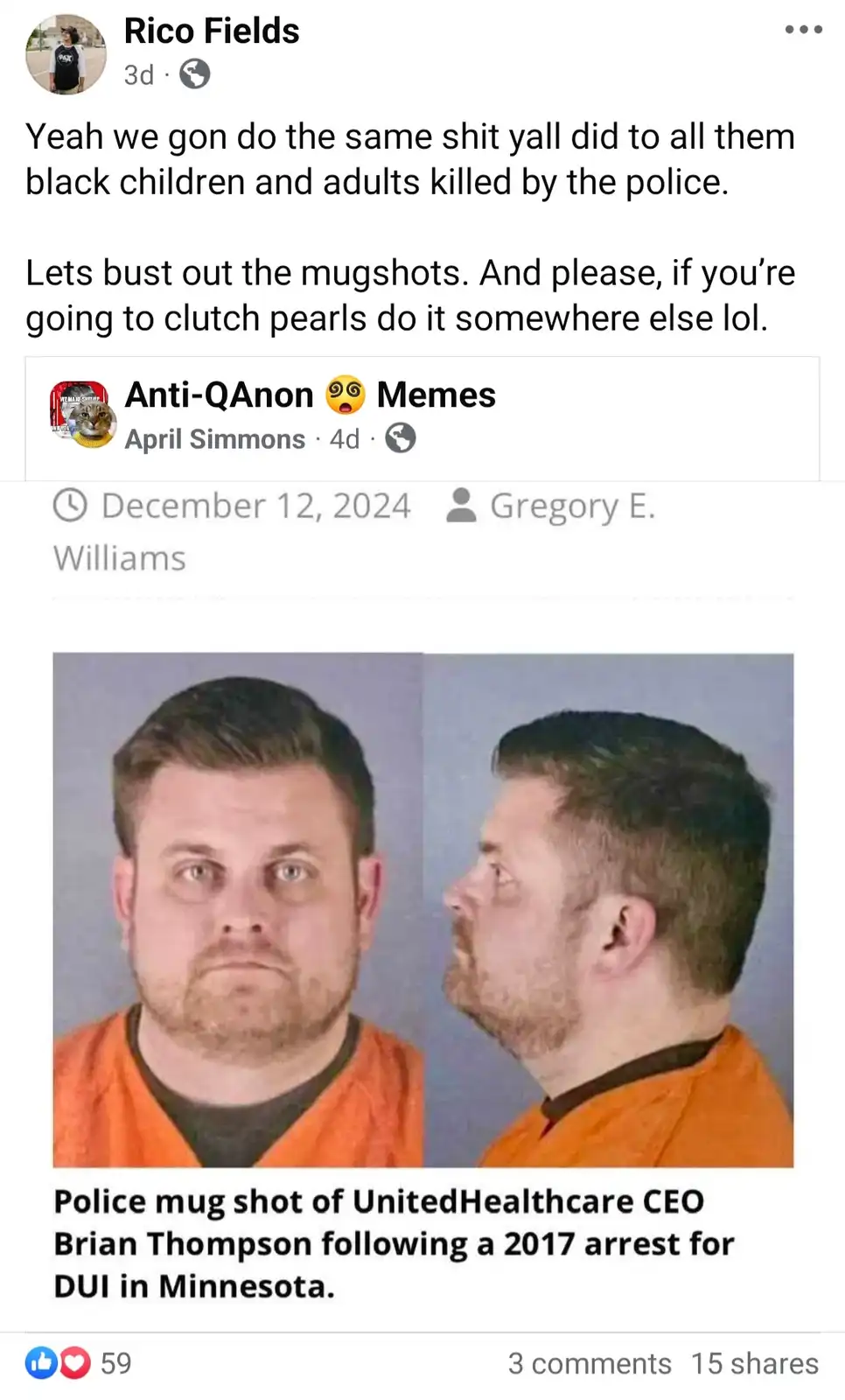 The image displays a standard police mugshot of a man in an orange jumpsuit, shown in front and side profile against a gray…