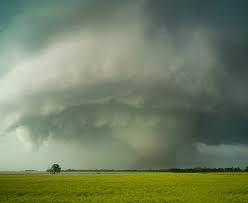 A wide, ominous tornado with a visible funnel cloud looms over a flat, green field under a dark, stormy sky. A single tree…