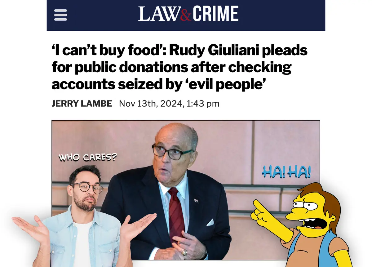A screenshot of a Law & Crime news article about Rudy Giuliani pleading for donations after his accounts were seized. The…
