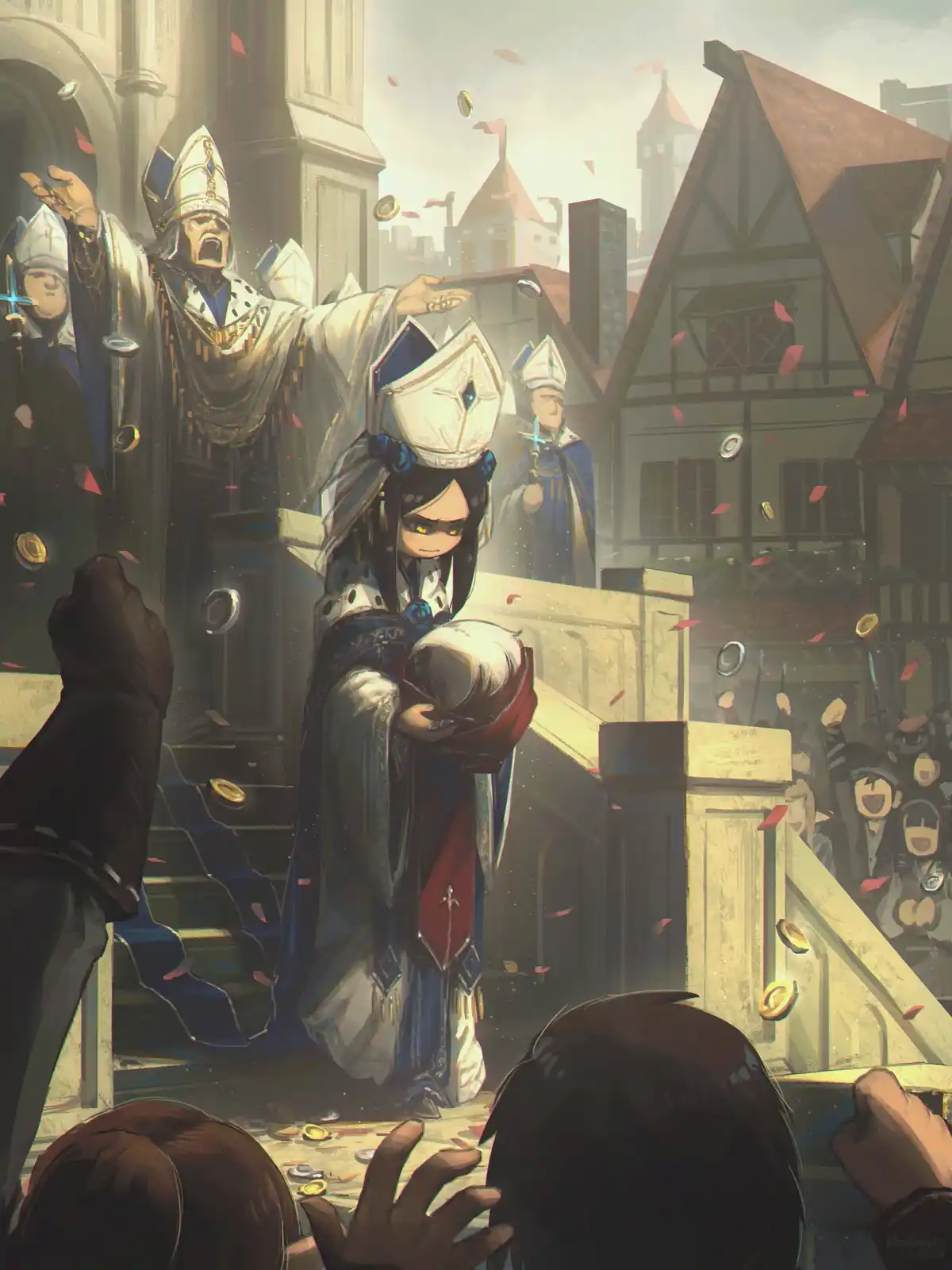 An anime-style illustration shows a young, stoic-looking priestess holding a baby while standing on a balcony. Behind her, a…