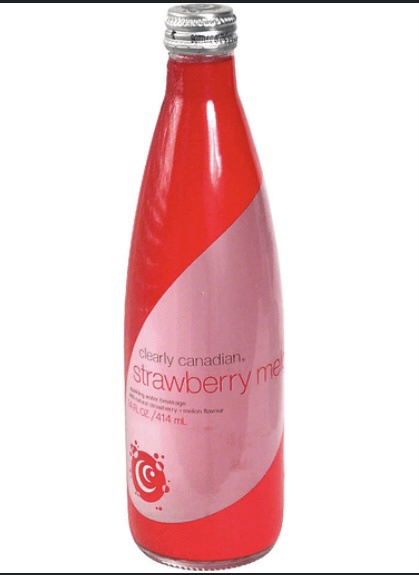 A red glass bottle of Clearly Canadian strawberry flavored sparkling water with a silver cap, featuring a pink diagonal…