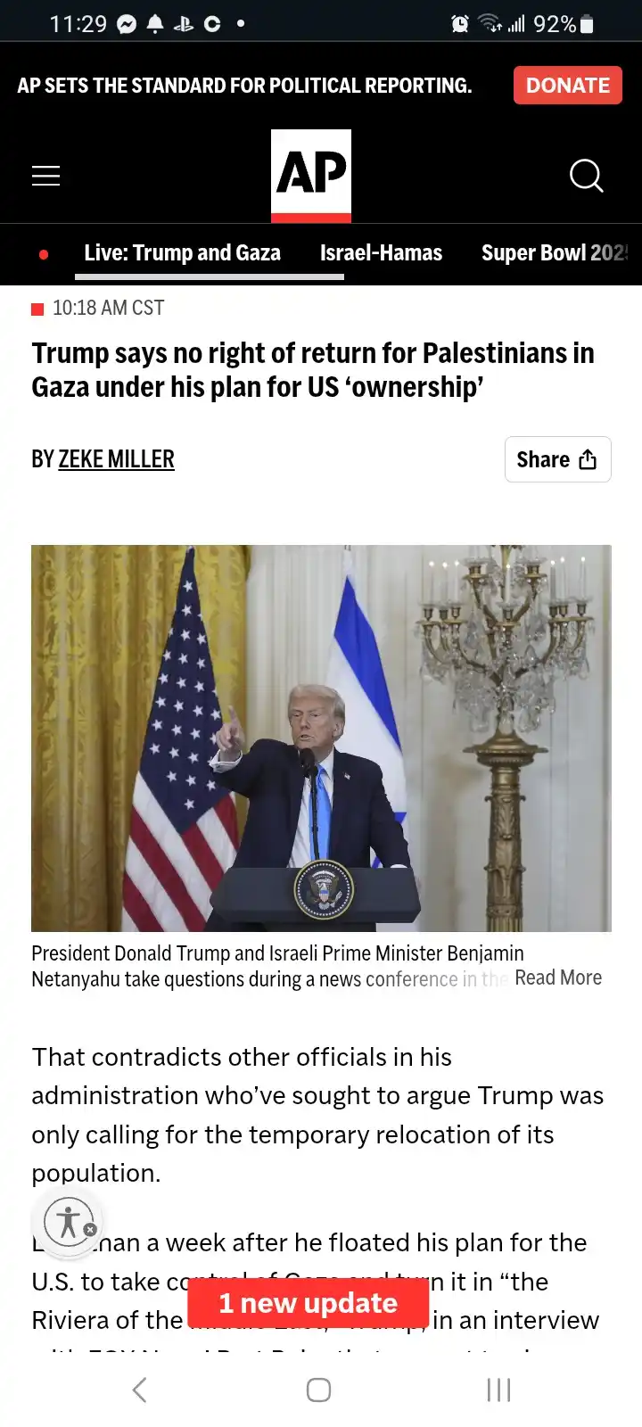 A screenshot of an Associated Press news article about Donald Trump's controversial Gaza plan, showing him at a podium with…