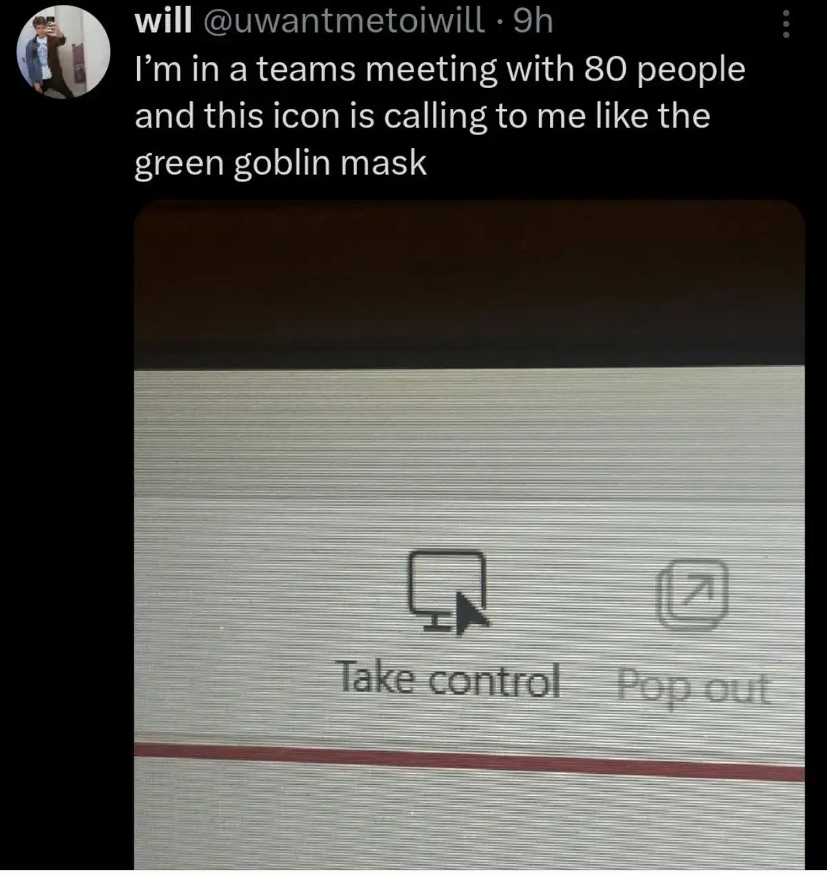 A screenshot of a Microsoft Teams interface shows two icons: 'Take control' with a monitor and cursor symbol, and 'Pop out'…