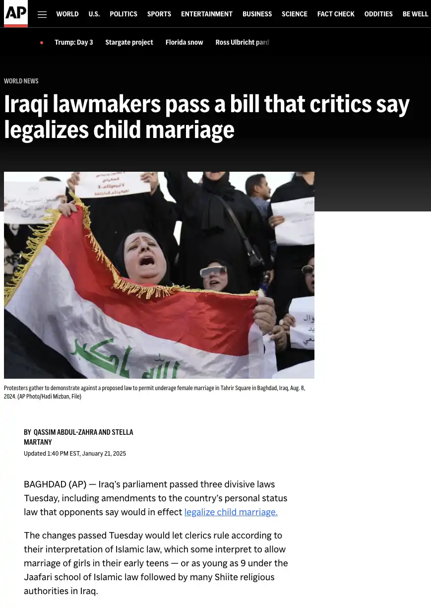 A screenshot of an AP News article shows a protest in Baghdad where women hold Iraqi flags and signs, visibly distressed…