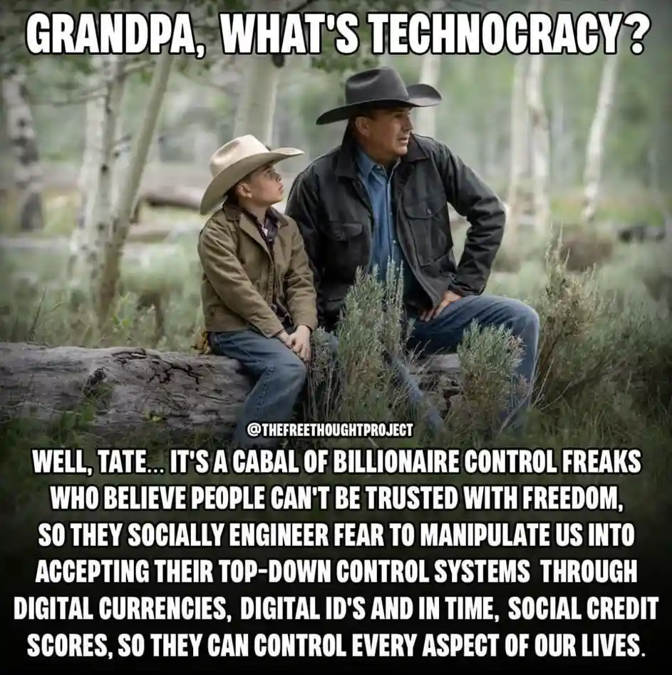 A young boy in a cowboy hat asks his grandfather, also in a cowboy hat, what technocracy is. The grandfather responds with a…