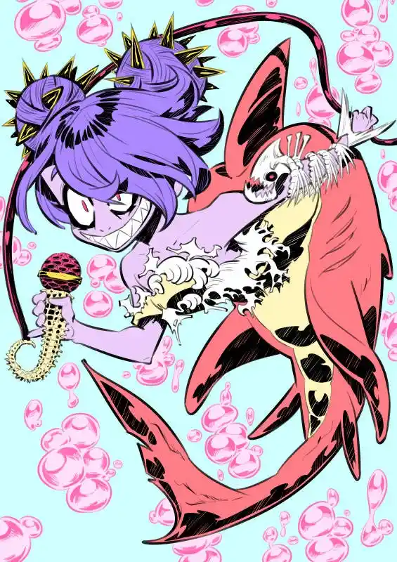 A stylized anime girl with purple hair and a spiked crown holds a microphone while riding a pink shark with a skeletal head…