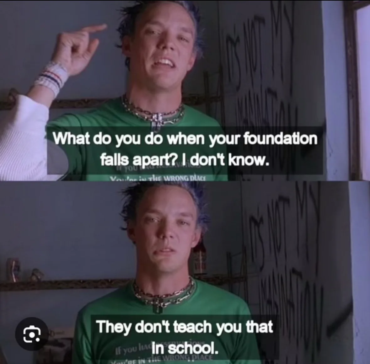 A two-panel meme featuring actor Devon Sawa as a character from the movie 'The Faculty'. In the top panel, he points upward…