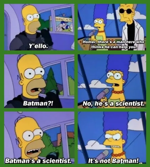 A six-panel comic strip from The Simpsons shows Homer Simpson in a car, initially greeting someone with 'Y'ello.' Marge…