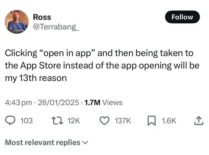 A screenshot of a tweet from user Ross (@Terrabang_) shows a tweet that reads 'Clicking “open in app” and then being taken…