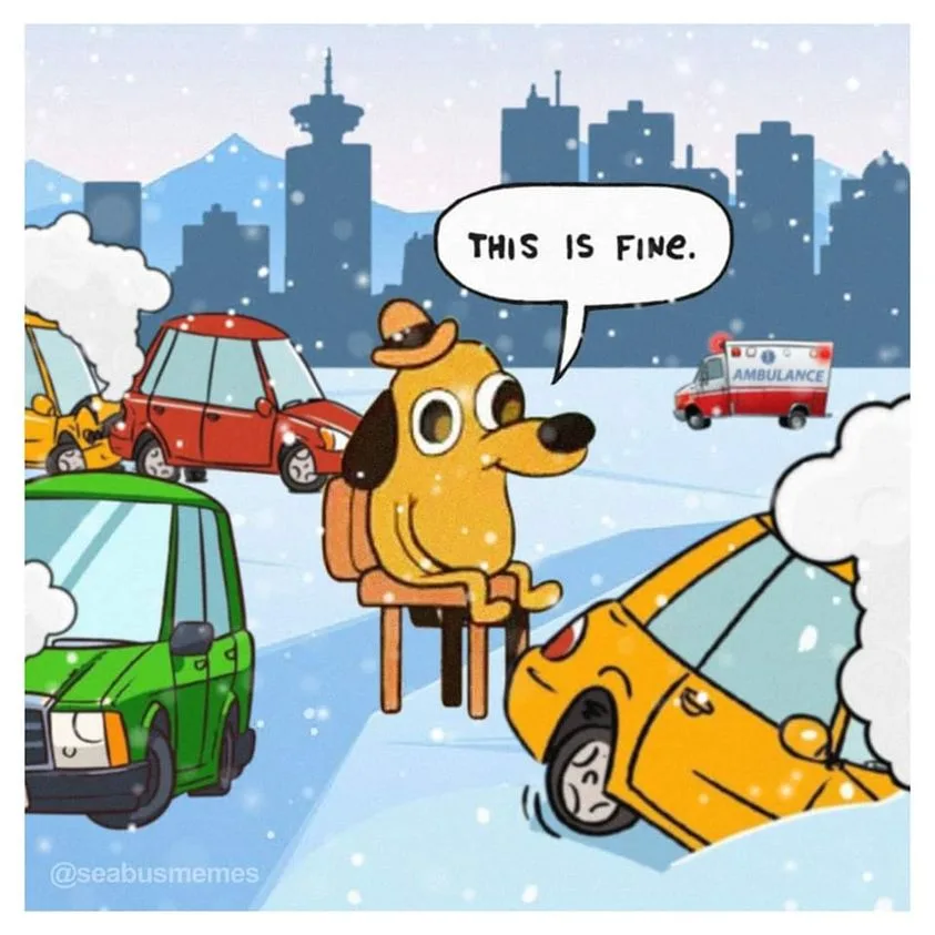 A cartoon dog wearing a hat and sitting calmly on a chair in the middle of a snowy city street, surrounded by multiple cars…