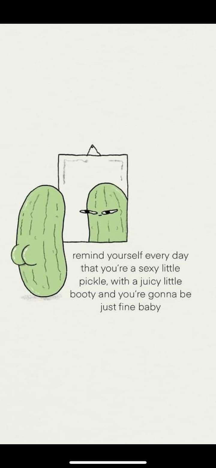 A cartoon drawing shows a green pickle character standing in front of a mirror, looking at its own reflection. The pickle…