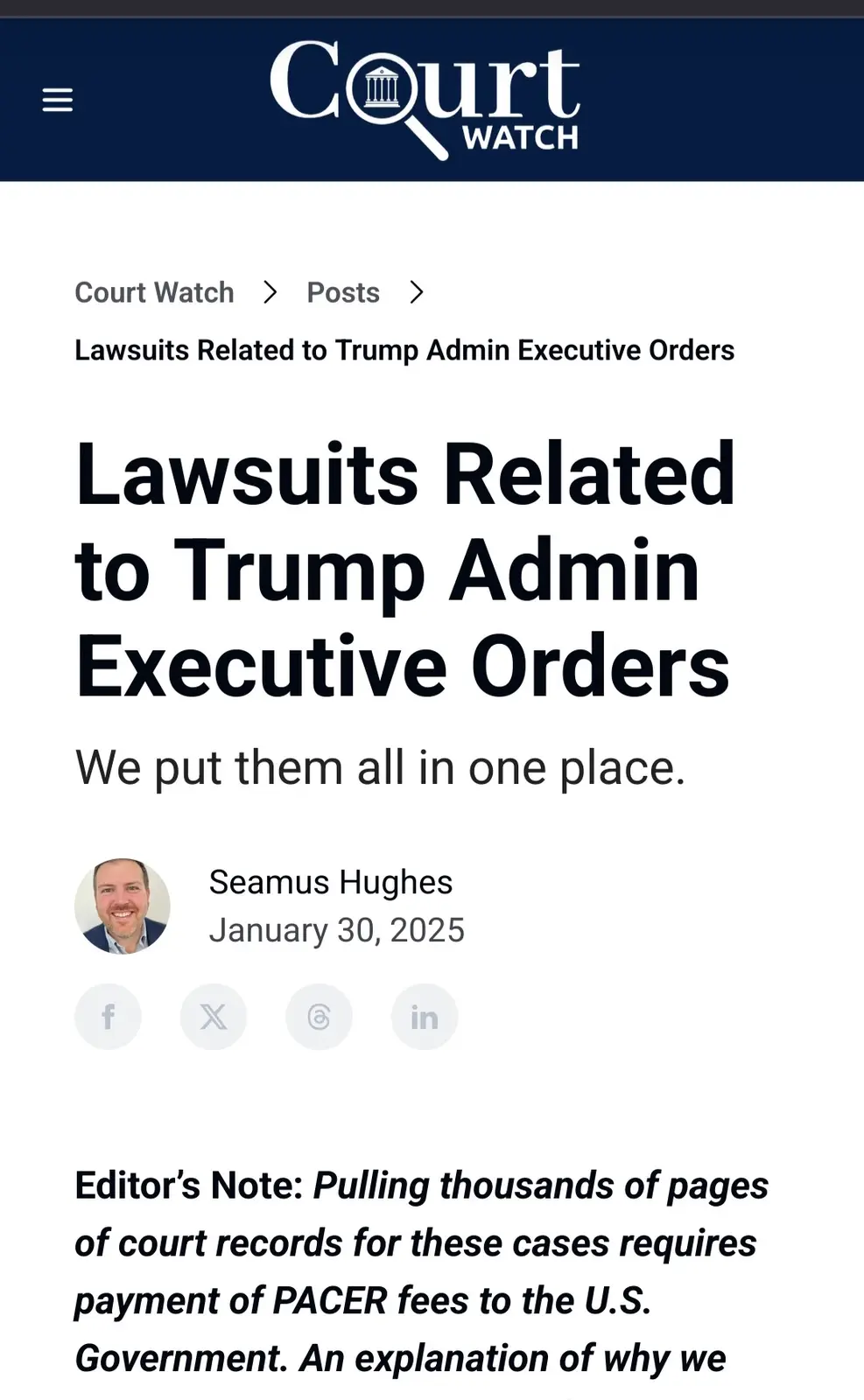 A screenshot of a 'Court Watch' website article titled 'Lawsuits Related to Trump Admin Executive Orders' with the subtitle…