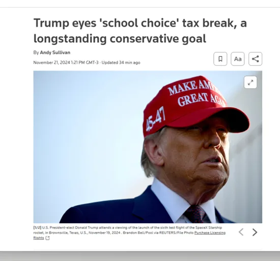 A news article screenshot shows Donald Trump wearing a red 'MAKE AMERICA GREAT AGAIN' cap with '45-47' written on the side…