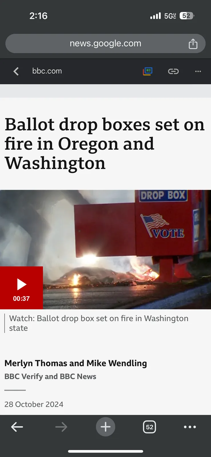 A screenshot of a BBC news article on Google News shows a red ballot drop box on fire, with visible flames and smoke. The…