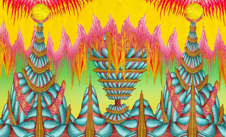The image is a vibrant, symmetrical, psychedelic artwork featuring ornate, tiered structures resembling stylized towers or…