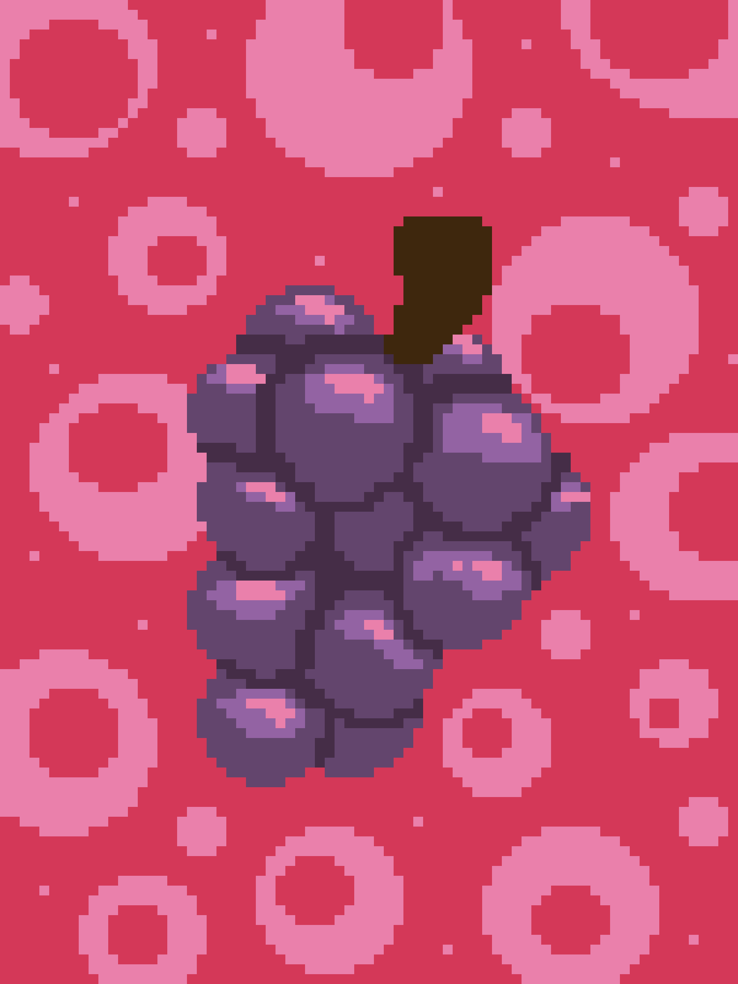 A pixelated image of a dark purple grape cluster with a brown stem, set against a red background filled with pink circular…