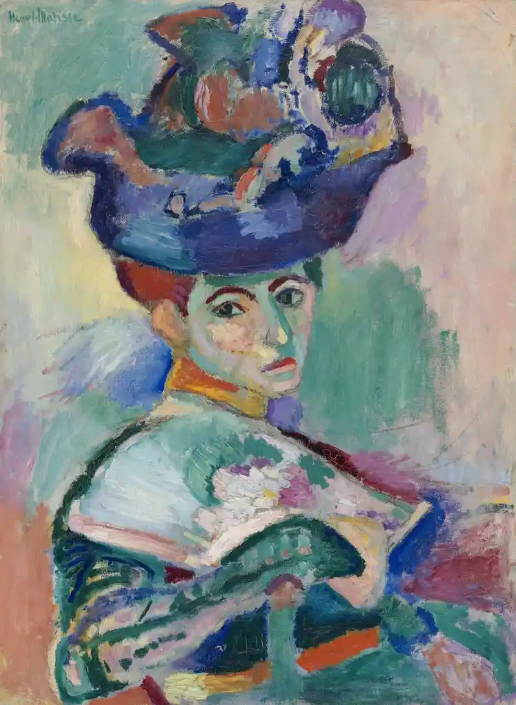 A colorful, abstract painting of a woman wearing a large, ornate hat, signed 'Henri Matisse' in the top left corner. The…