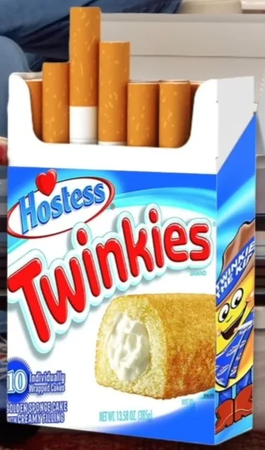 A Hostess Twinkies box is filled with cigarettes instead of cakes, with the brand logo and product name clearly visible. The…