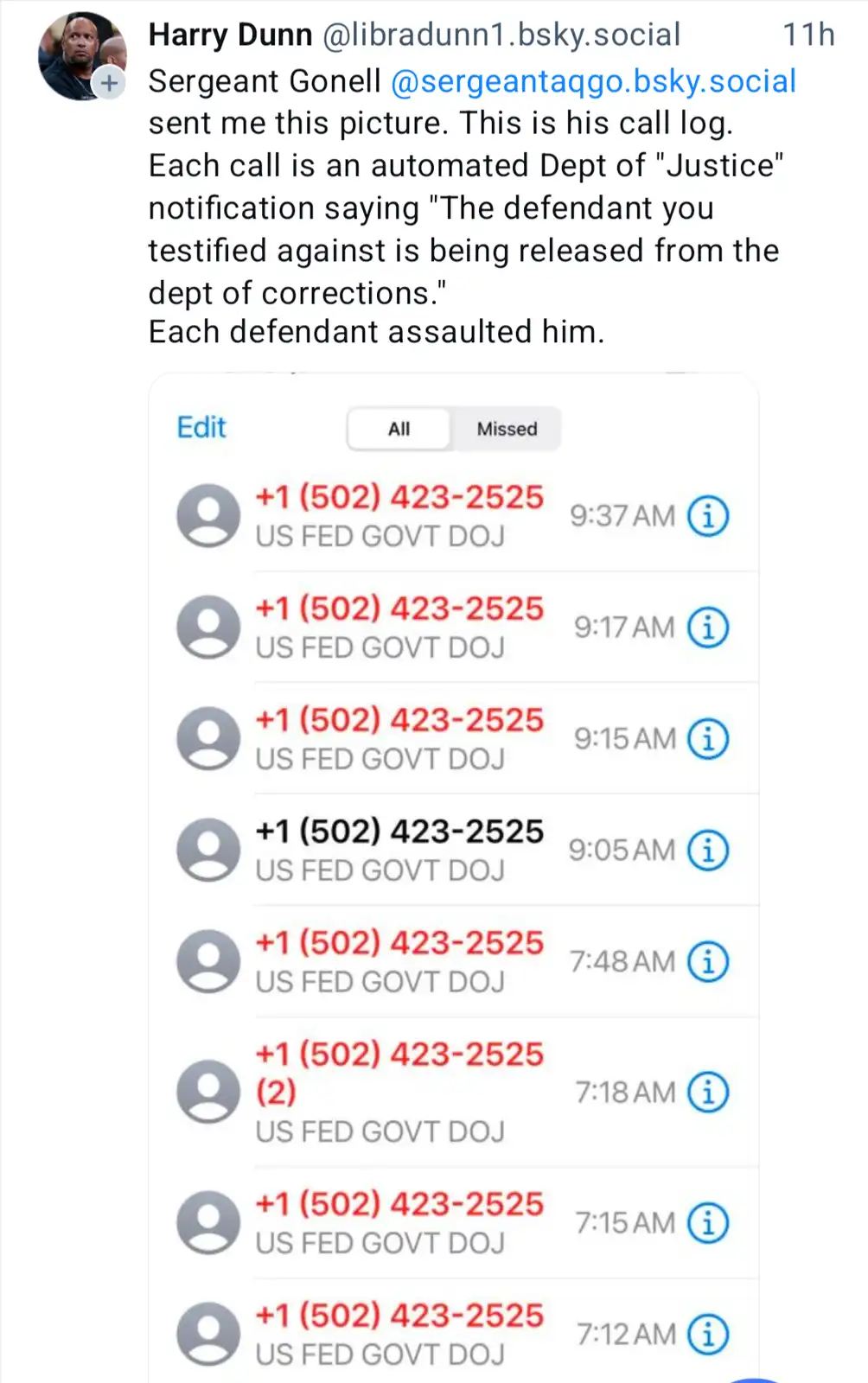 A screenshot of a phone call log showing multiple incoming calls from the same number, labeled 'US FED GOVT DOJ', with…