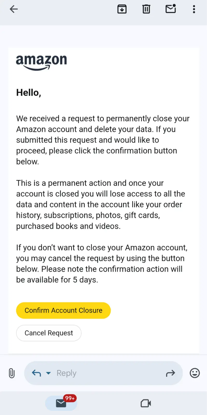 An image of an Amazon email notification displayed in a mobile email app interface, warning the recipient that their account…