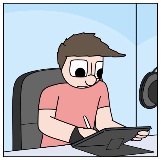 A cartoon man with brown hair and a pink shirt sits at a desk, holding a stylus over a tablet, looking intensely focused. A…