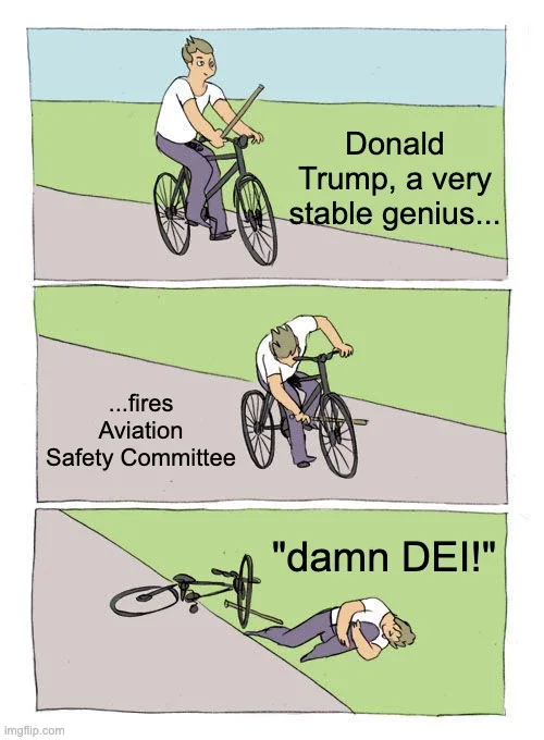 A three-panel comic strip shows a man riding a bicycle. In the first panel, he's upright with text saying 'Donald Trump, a…