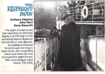 A vintage movie poster for 'The Elephant Man' featuring a black-and-white image of a man in a long coat standing on a ship's…