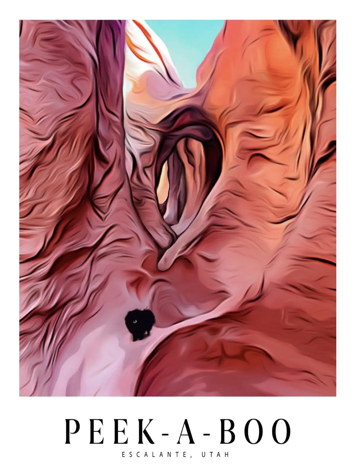 A stylized, painterly image of a narrow slot canyon with swirling red, orange, and pink rock formations, where a small black…