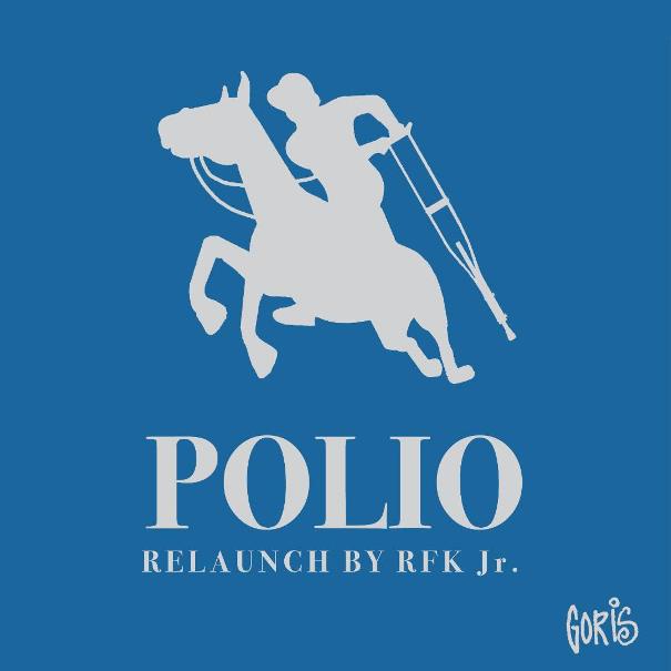 A blue background features a white silhouette of a polo player on horseback, but the player is holding a crutch instead of a…