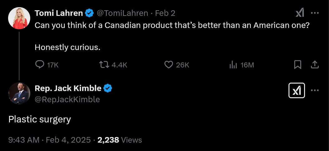 A screenshot of a Twitter thread shows Tomi Lahren asking if anyone can think of a Canadian product better than an American…