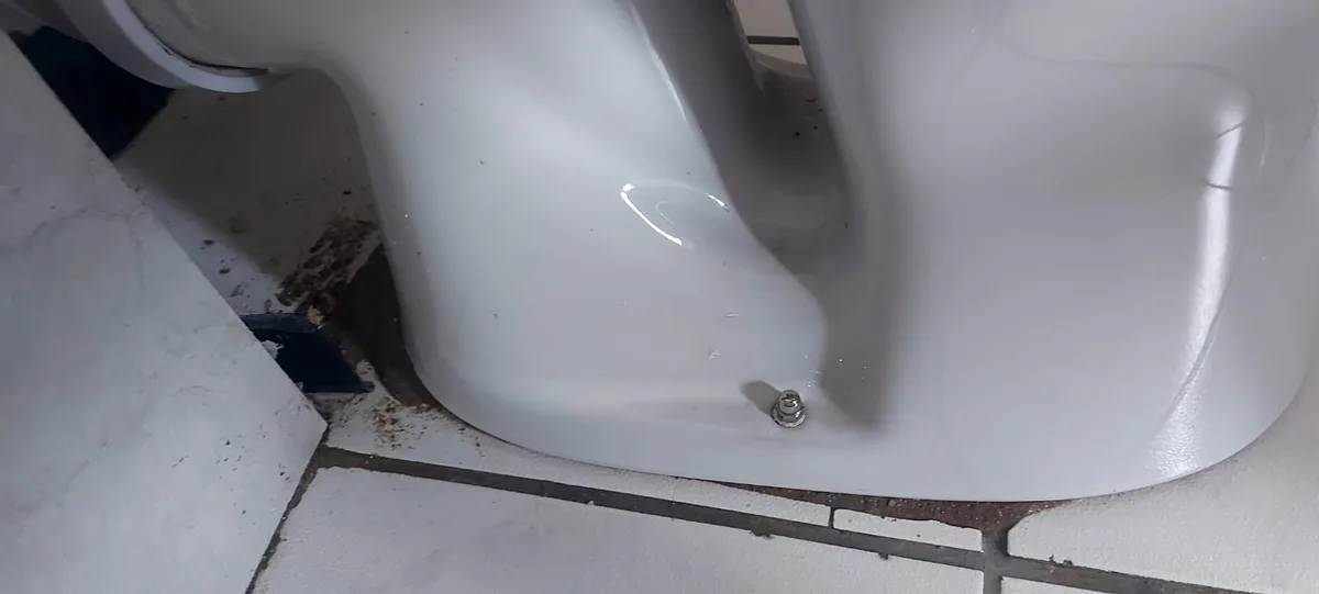 A close-up photo shows the base of a white ceramic toilet sitting on tiled flooring, with a single visible bolt securing it…