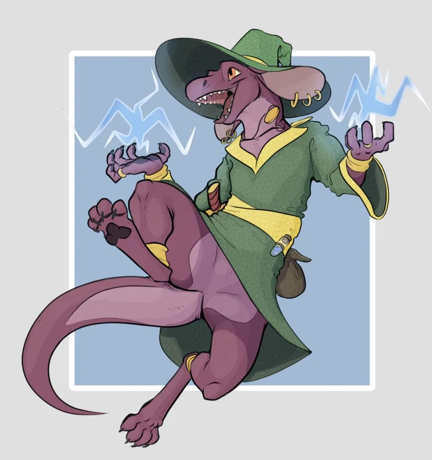 A purple, anthropomorphic dinosaur-like creature wearing a green hat and coat with yellow trim, standing in a dynamic…