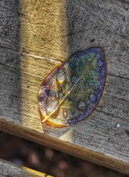 A close-up photo shows a single, translucent leaf resting on weathered wooden planks, with sunlight casting a warm glow…