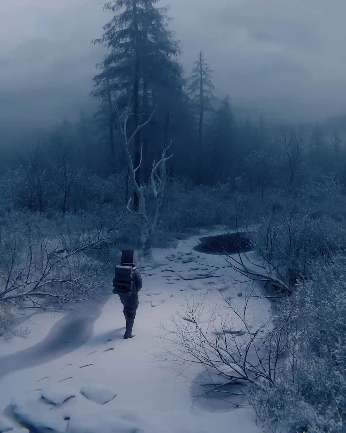A person in a snowy, foggy forest walks away from the viewer, carrying a large, bulky backpack and a box on their head. The…