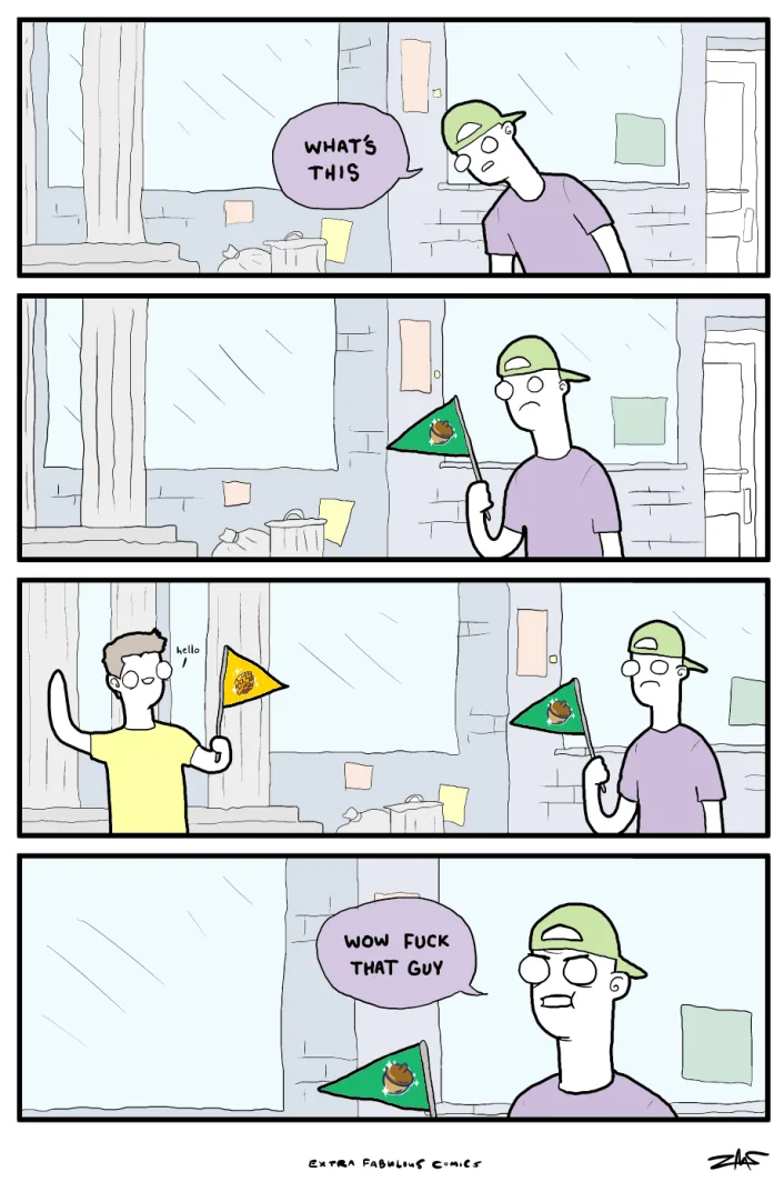 A four-panel comic strip shows a man in a green cap holding a green triangular flag with a burger logo, asking 'WHAT'S…