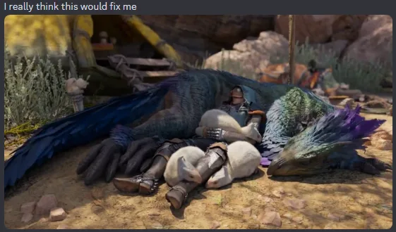 A video game character in armor is sleeping soundly on the ground, curled up against the massive, colorful, feathered body…