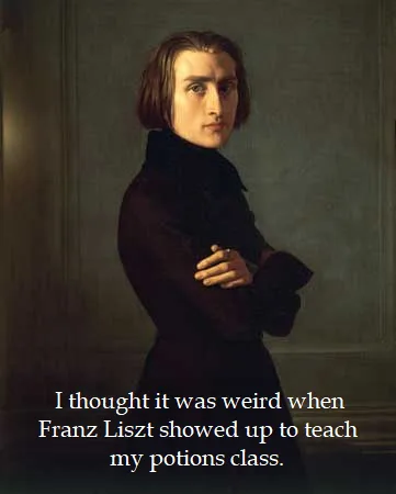 A classical portrait of Franz Liszt, dressed in dark formal attire with arms crossed, looking directly at the viewer. White…