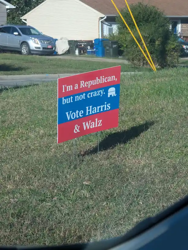 A red, white, and blue political yard sign stands in a grassy lawn, featuring the text 'I'm a Republican, but not crazy.'…