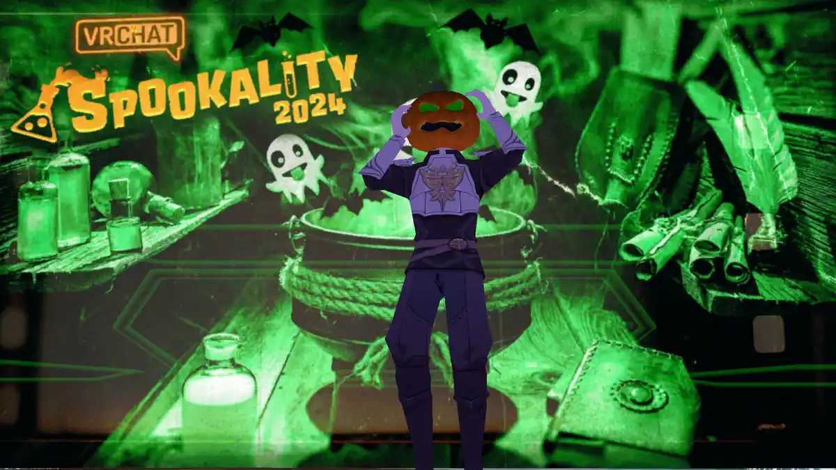 A VRChat avatar wearing a pumpkin head with green eyes and a mustache stands in a spooky green-lit lab with cauldrons…