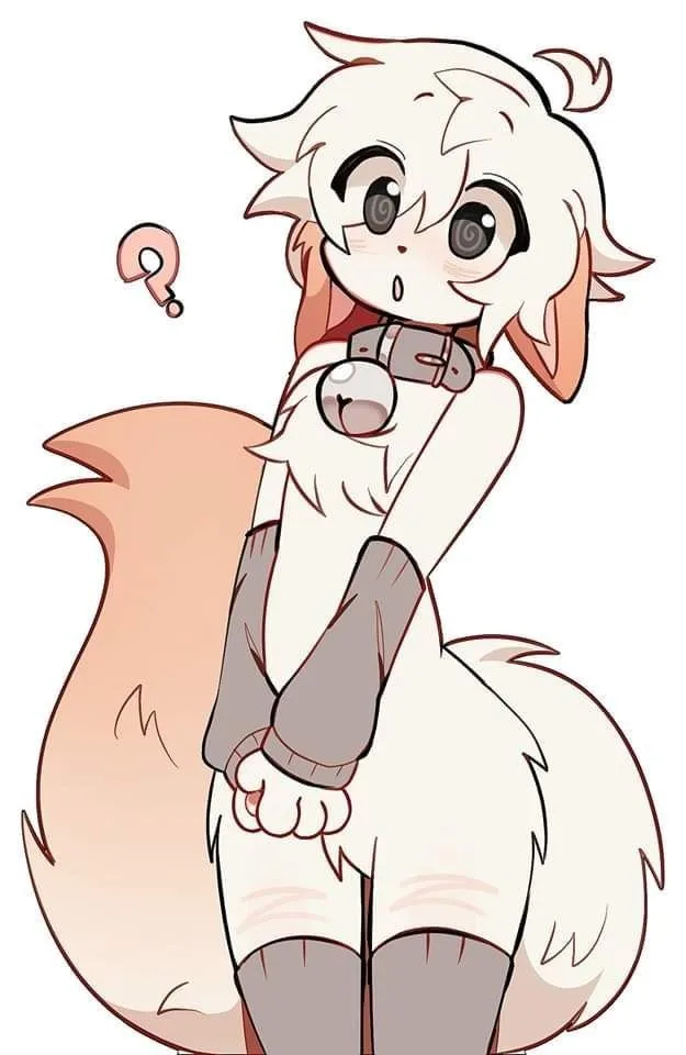 A white anthropomorphic fox with large, wide eyes and a confused expression stands with arms crossed, a question mark…