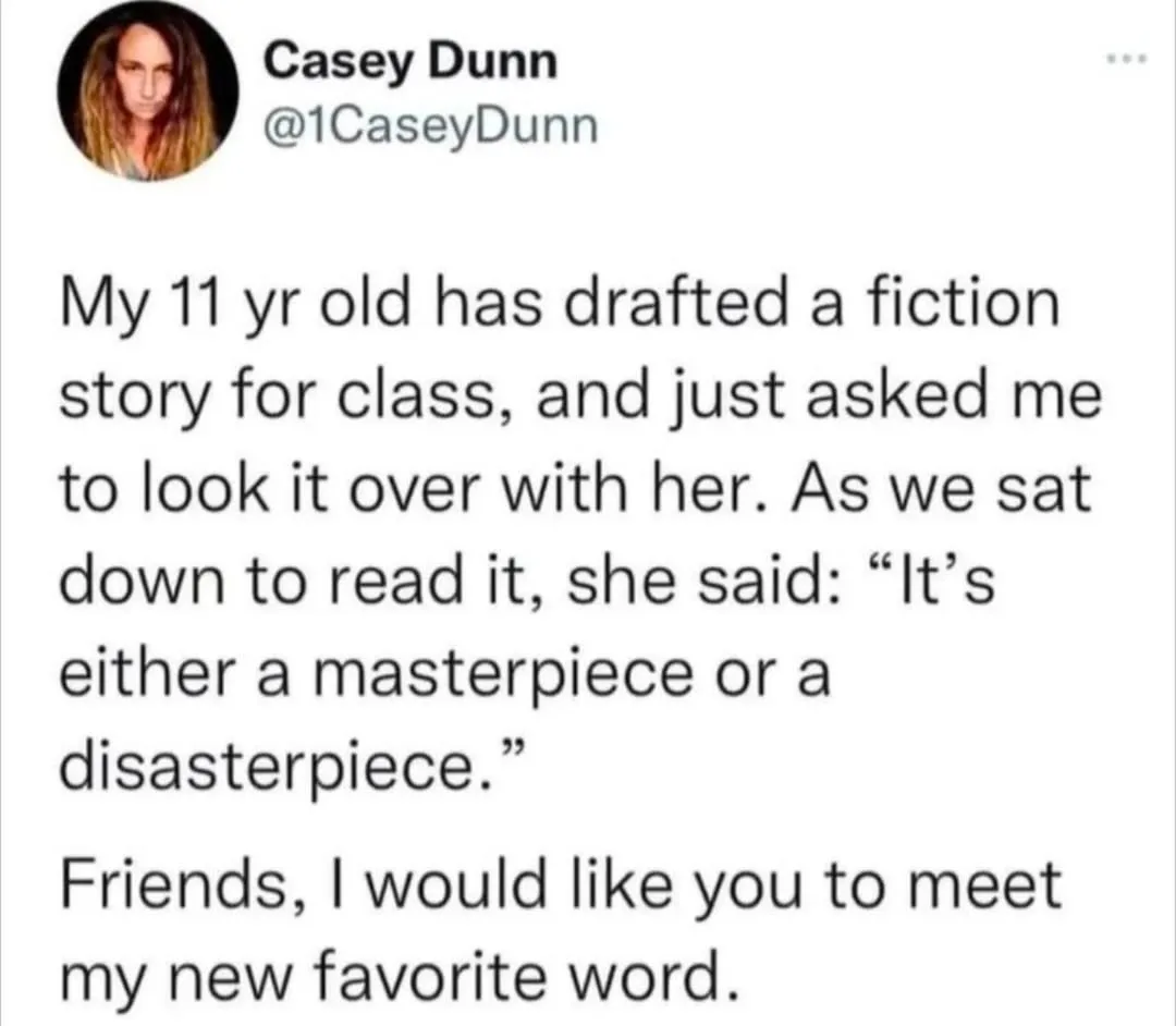A screenshot of a tweet by Casey Dunn (@1CaseyDunn) showing her 11-year-old daughter's creative writing assignment. The…