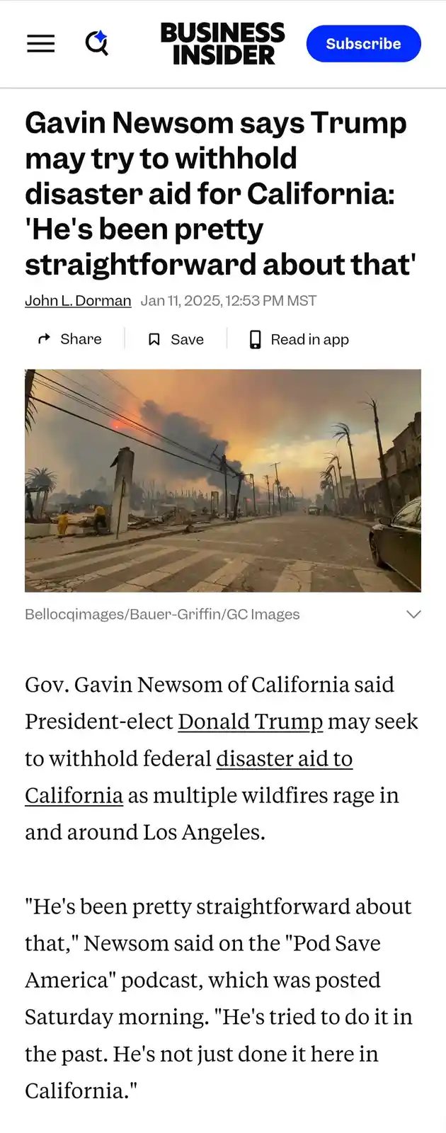 A screenshot of a Business Insider article shows a photo of a street after a wildfire, with smoke-filled skies, charred…