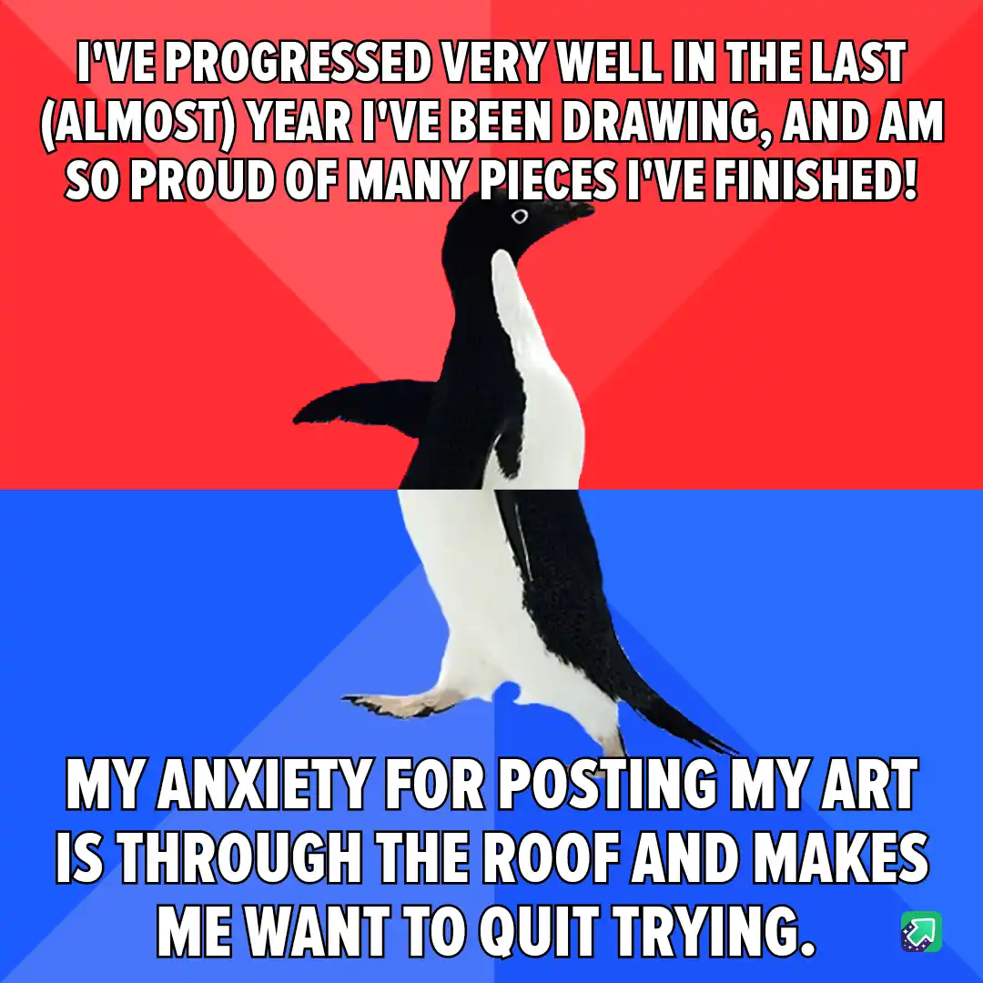 A penguin stands upright against a red and blue background, with bold white text overlaid in two sections. The top text…