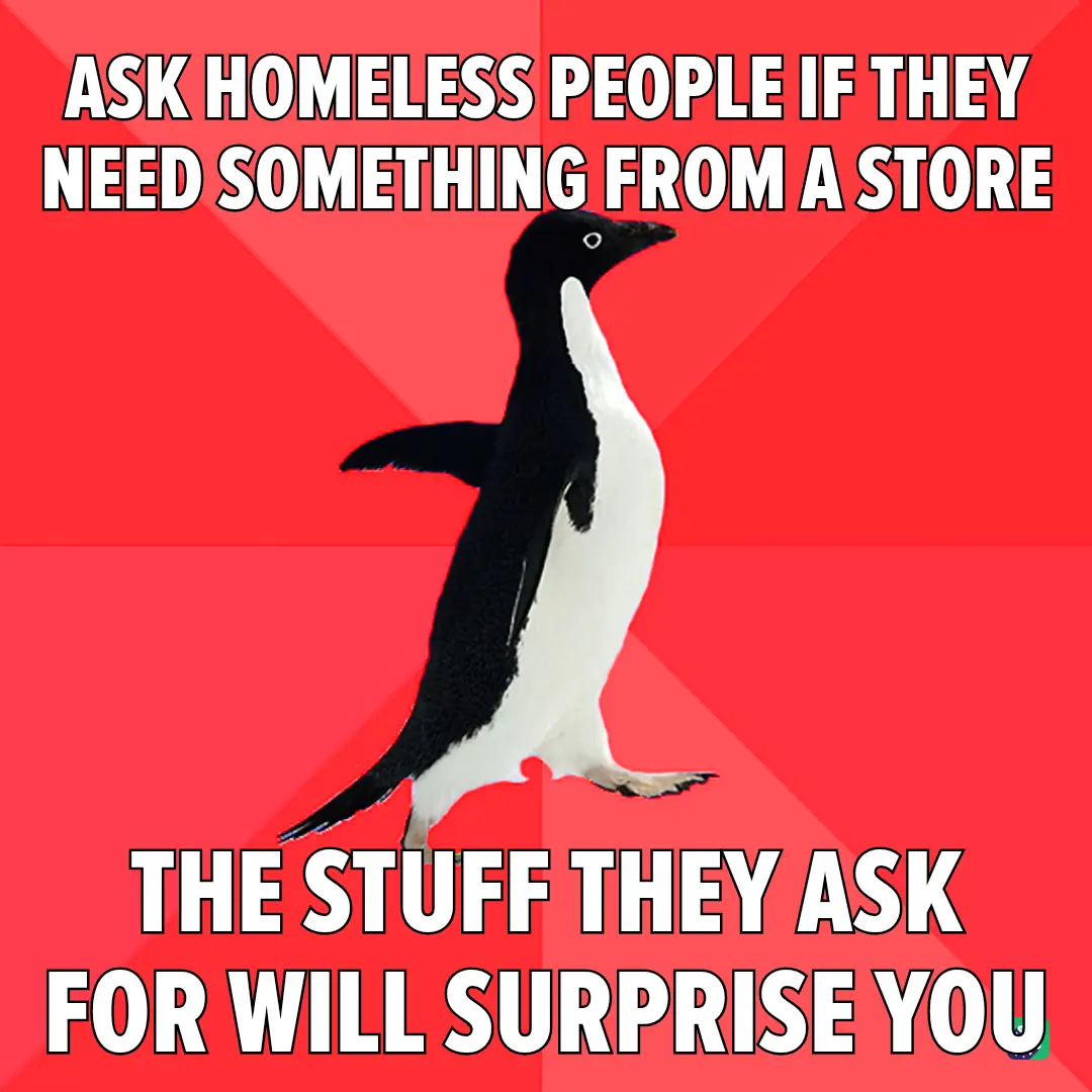 A black-and-white penguin stands against a red background with diagonal stripes. White bold text at the top reads 'ASK…