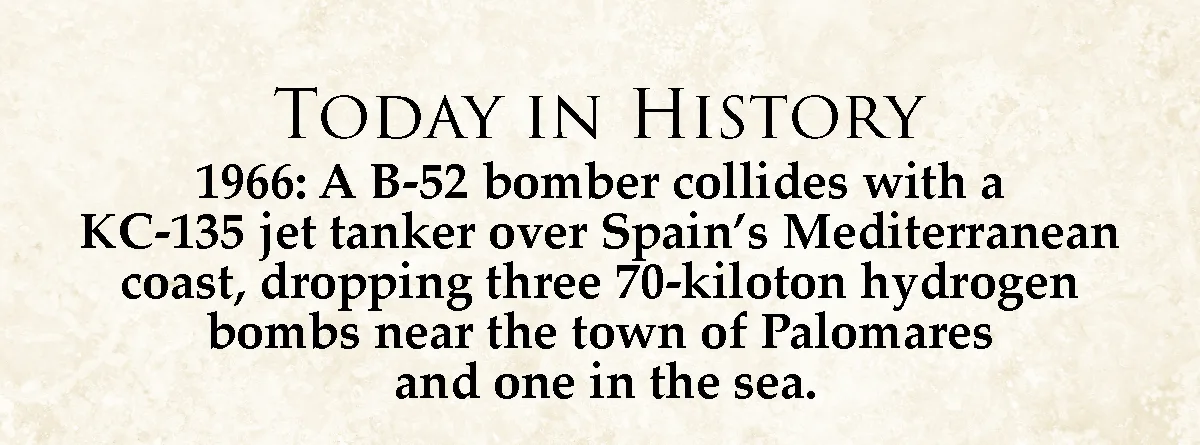 The image displays a beige parchment-style background with black serif text. The text reads 'TODAY IN HISTORY' followed by a…