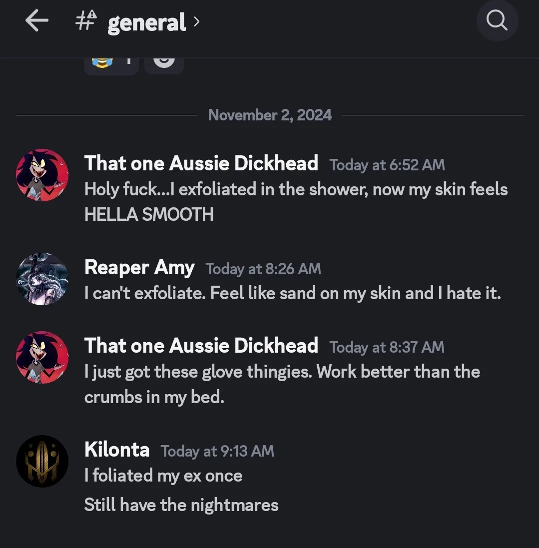A Discord chat screenshot from a #general channel shows a conversation where one user exclaims their skin feels 'HELLA…