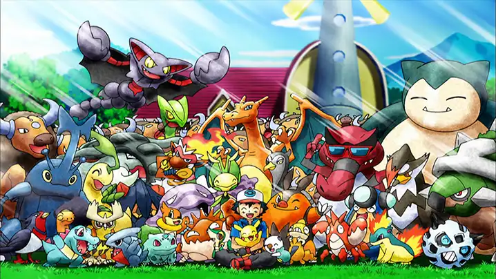 A vibrant, crowded illustration of dozens of Pokémon characters from various generations gathered together outdoors near a…