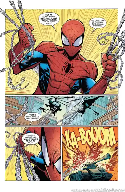 A comic panel shows Spider-Man holding multiple web lines, declaring he has attention, then commenting that the situation is…