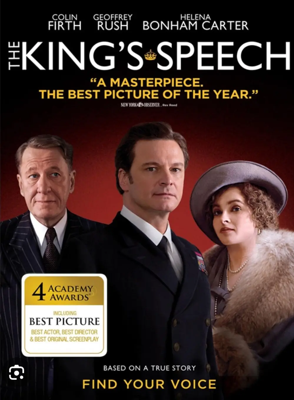 The movie poster for 'The King's Speech' features actors Colin Firth, Geoffrey Rush, and Helena Bonham Carter against a red…